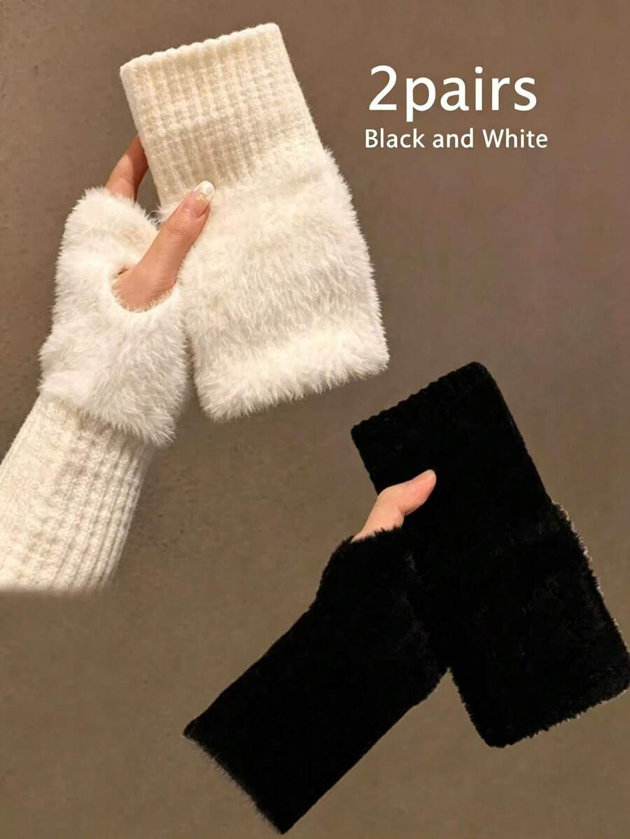 1/2 Pairs Women's Solid Color Warm Knitted Half-Finger Gloves, Soft Knitted Wrist Warm Gloves, Suitable For Touchscreen Office, Student Writing, Cycling Frost Protection - Multicolor - View 1