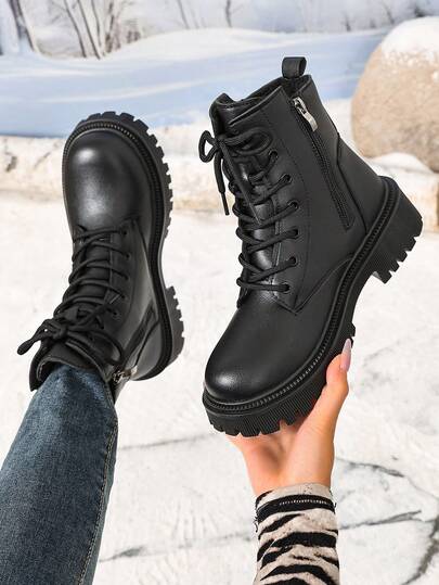 Fashion Versatile Casual Flat Thick Sole Ankle Boots Autumn/Winter New Women's Shoes Warm Women's Boots Ankle Boots Lace-Up Zipper Boots Motorcycle Boots