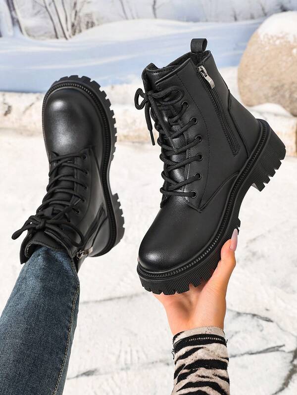 Fashion Versatile Casual Flat Thick Sole Ankle Boots Autumn/Winter New Women's Shoes Warm Women's Boots Ankle Boots Lace-Up Zipper Boots Motorcycle Boots