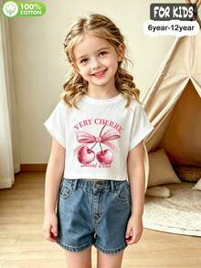Tween Girls'  Cotton Cropped Cuffed Sleeve Tee, Graphic Print,  Cute Sweet Preppy Girl Style - White - View 4
