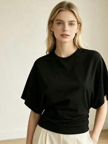 Versatile Black Ruched T Shirt For Women Casual Solid Summer Top Clean Aesthetic Daily School Beach Vacation Home Lounge Basic Tee - 黑色 - 查看 9