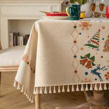 1pc Christmas Tablecloth, Vintage Printed Tassel Table Cover For Dining Table, Kitchen, Home Party Decor, Rectangle, Cream White - Multicolor - View 2
