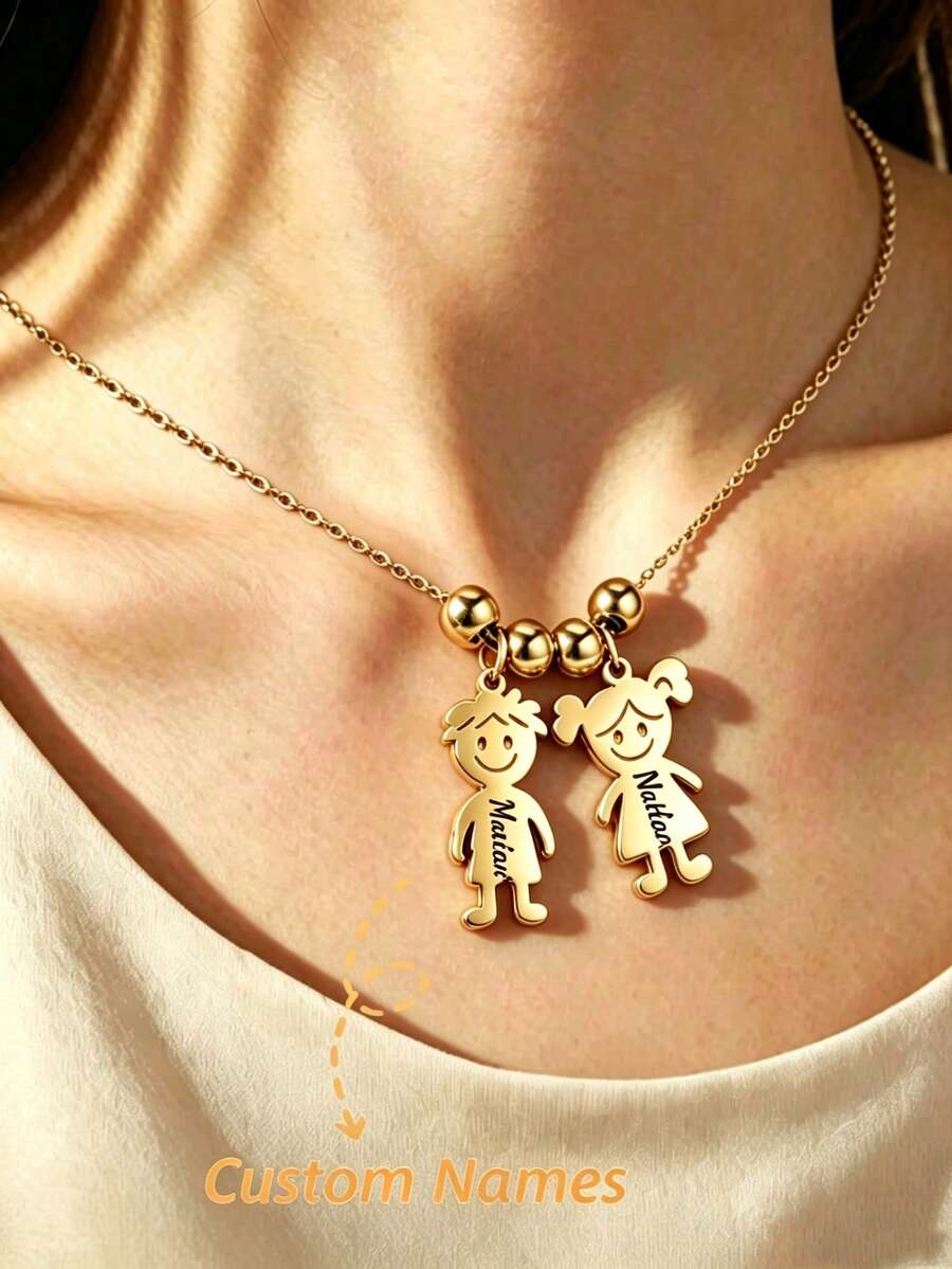 Stainless Steel Personalized Necklace For Men And Women, Customizable Engraved Name Date Bead Necklace, Gold Jewelry Friendship Gift, Waterproof - Gold - View 1