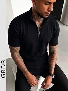 Men's Summer Half-Zip Solid Color Knit Polo Shirt, Suitable For Summer Outings, Essential For Fashionable Styling - Black - View 2