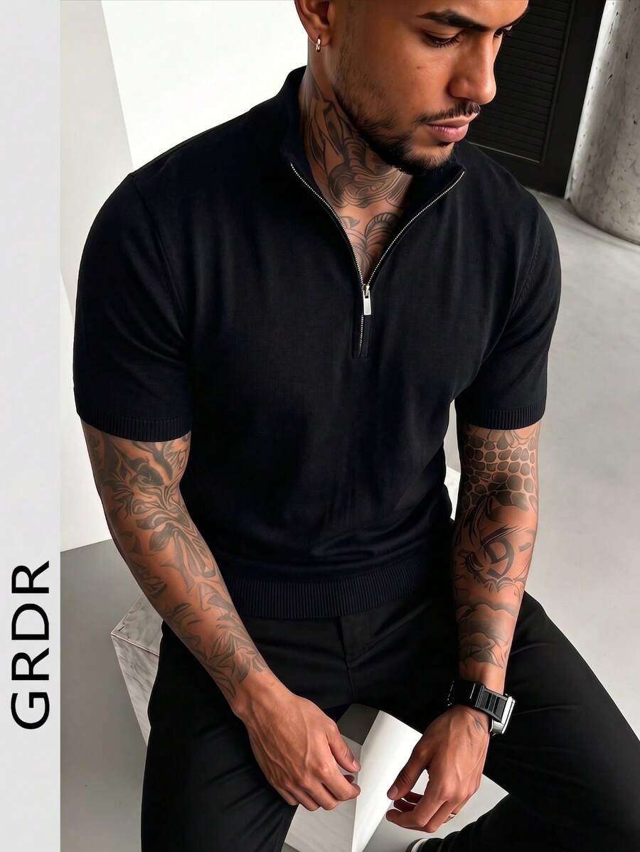 Men's Summer Half-Zip Solid Color Knit Polo Shirt, Suitable For Summer Outings, Essential For Fashionable Styling