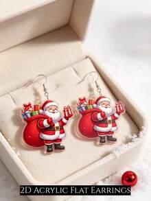 2D Santa Claus Gift Pendant Earrings, Flat Acrylic Double-Sided Print, Christmas Cartoon Lightweight Ear Accessories, Perfect Halloween, Thanksgiving, Christmas Gift For Girls And Women, Cute Fashion Accessory Suitable For Any Occasion - Santa Claus - View 2