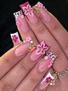 Transform Your Nails With This 24pcs/Set Y2K Sweet Cool Hot Girl Style Medium-Long Coffin Press-On Nails Manicure Supplies, Featuring A Sweet Pink Leopard Print French Gorgeous 3D Flower Rhinestone Embellished Design, - Multicolor - View 4