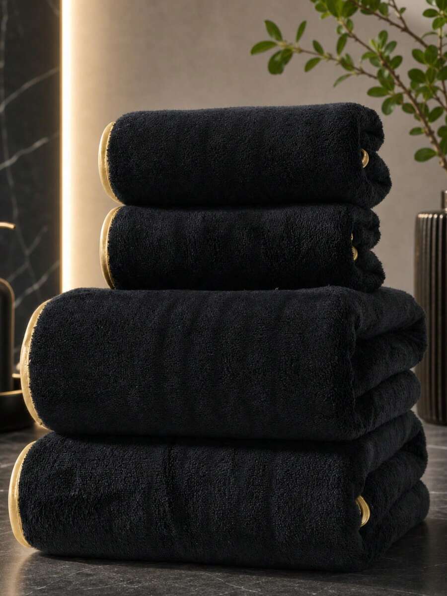 1件/2件/4件 奢華金邊珊瑚絨超柔軟特大號浴巾,快乾、不掉毛、桑拿巾、高吸水性、超柔軟輕便客用巾、高品質浴巾、浴室配件,送給伴侶的最佳禮物 - 黑色 - 查看 1