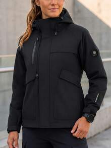 AODSR Jaket Wanita Gaya Outdoor Berkerudung dengan Saku Dada Berresleting, Saku Lipat, dan Manset yang Dapat Diatur untuk Pemakaian Sehari-hari - Hitam - View 1