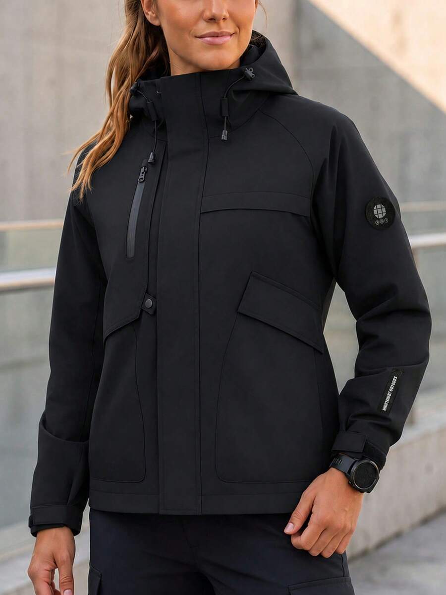AODSR Jaket Wanita Gaya Outdoor Berkerudung dengan Saku Dada Berresleting, Saku Lipat, dan Manset yang Dapat Diatur untuk Pemakaian Sehari-hari - Hitam - View 1