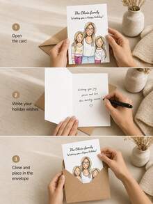 Custom Photo Text Family Holiday Card, Upload Family Photos To Create Hand-Drawn Cartoon Portraits. Custom Family Names And Seasonal Greetings, Elegant Personalized Greeting Card For Holidays, Festivals And Seasonal Sending. - Multicolor - View 3