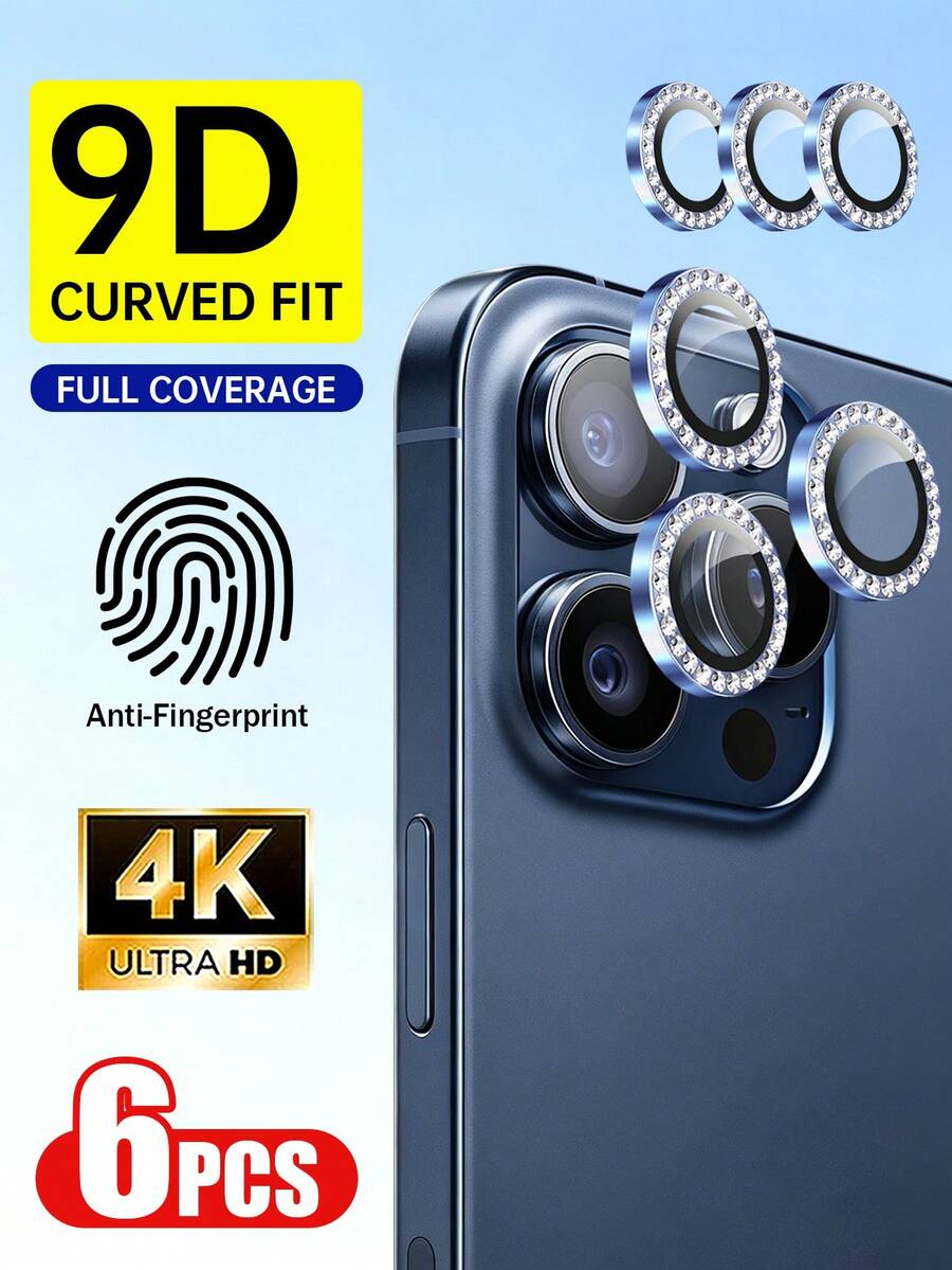XINHONGYU 6 قطع واقي عدسة الماس الأزرق 9D، مع غطاء حماية حلقي، زجاج مقسى مقاوم للخدش، حماية الكاميرا، مقاوم للتآكل، الماس لا يسقط بسهولة، وضوح وشفافية عالية، مقاوم للماء، مقاوم للصدمات، مقاوم للسقوط، مقاوم للبصمات تغطية كاملة - الأزرق - مشاهدة 1
