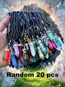 Random 1/10/15/20/30/50/100pcs Vibrant Chakra Crystal Pendants With Durable Leather Chain + Multi-Color Gemstone Set With Hexagonal Quartz, Energy Balance, Ideal Gift Choice - Multicolor - View 14