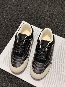 Women Vintage Patchwork De Training Sneakers Black Beige Contrast Stitching Lace Up Flat Soft Sole Walking Trainers Daily Casual Non Slip Sport Shoes - Black - View 7