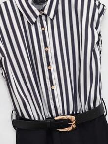 Summer Striped Pleated Patchwork Waist Belt Dress Elegant - Black and White - View 4