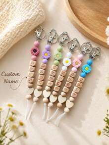 1pc Personalized Customized Name Beaded Keychain With Daisy Pendant, Cute Flower Heart Charm And Key Ring Accessory, Perfect Christmas Gift, Valentine's Day Gift, Mother's Day Gift, Back To School Gift - Daisy + Heart - View 1