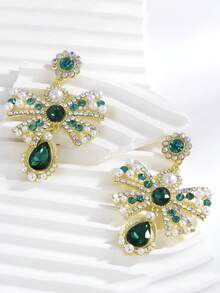 1 Par de Brincos Pendentes com Laço e Gota de Água Elegantes e Requintados, Adequados para Uso Diário, Festa e Encontro de Mulheres - Verde - Visão 3
