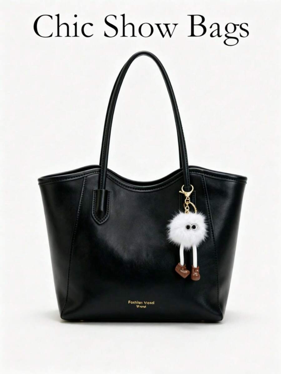 Women's Shoulder Tote Bag, Solid Color/Two-Tone, Plush Monster Doll Pendant, Zipper Large Capacity, Sweet Commute Daily Work Shopping Handbag