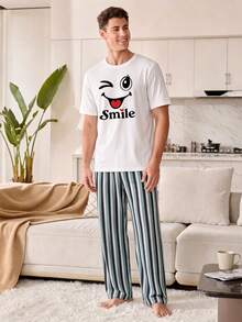 Men's Summer Crew Neck Casual T-Shirt And Casual Long Pants Loungewear Set - White - View 5