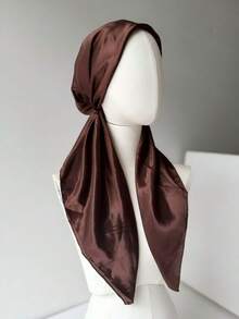 1pc Elegant Women's No-Tie Elastic Satin Headscarf, Solid Color Printed, Versatile Hair Accessory For Beach And Daily Wear - Coffee Brown - View 3