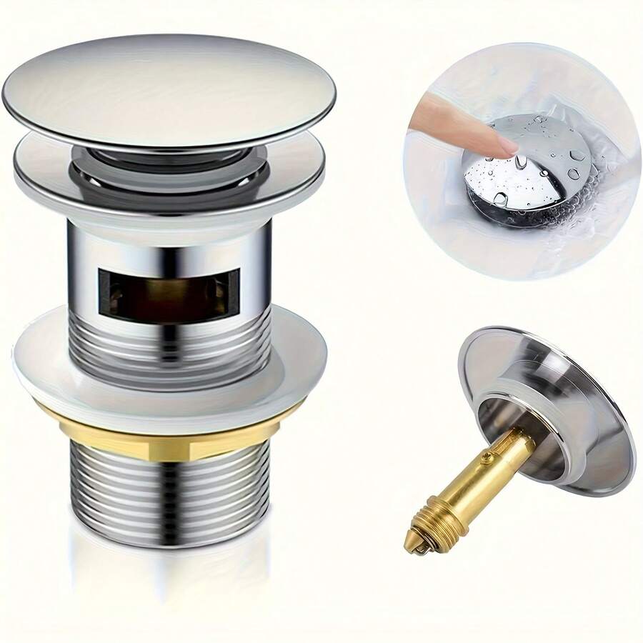 1pc Pop-Up Push-Type Sink Drain Valve, Universal Sink Drain Valve, Sink Drain Kit, Universal Sink Drain Valve With Overflow And Without Overflow, Suitable For Sink And Toilet Drainage - Silver With Overflow - View 1