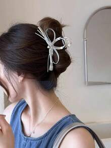 1pc Silver Ribbon Bow Hair Claw Clip, Minimalist Elegant Hair Claw For Back Of Head Updo, Commuter Hair Accessory - Silver - View 4
