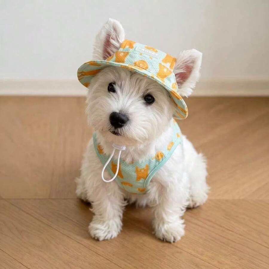 Spring Summer Autumn Dog Cooling Vest Set, Cartoon Print Tank Top, Sun Hat, Breathable Sun Protection Pet Clothes, Suitable For Small Dogs, Westie, Teddy, Lightweight Quick-Dry High-Quality Anti-Hair Loss Belly Protection - Yellow - View 1