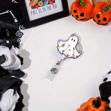1pc Halloween Retractable Badge Scroll, Ghost Flower Pattern Nurse ID Badge Clip, Suitable As A Holiday Gift For Nurses, Doctors, Teachers, And Students, Halloween - A - View 3