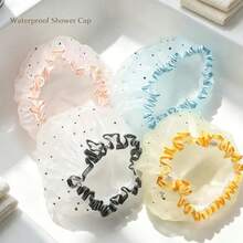 4pcs/Set (4 Colors) Star Print Tulle Lace Shower Cap, Elastic Ruffle Trim, Waterproof Reusable Hair Cap For Shower, Spa, Facial Care, Makeup And Daily Use - Multicolor - View 5