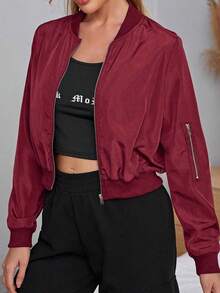 Women's Zipper Short Flight Jacket, Autumn Casual Street Style Lightweight Solid Color Regular Fit Baseball Collar Jacket - Burgundy - View 5