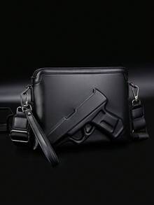 Unisex Crossbody Handbag, Pure Black Smooth PU, 3D Gunflower Embossed, Wide Strap, Wrist Strap, Street, Daily, Party, Travel - Black - View 5