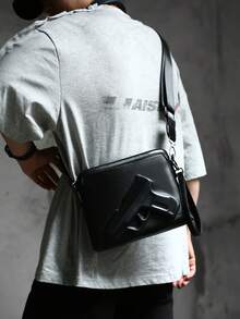 Unisex Crossbody Handbag, Pure Black Smooth PU, 3D Gunflower Embossed, Wide Strap, Wrist Strap, Street, Daily, Party, Travel - Black - View 2