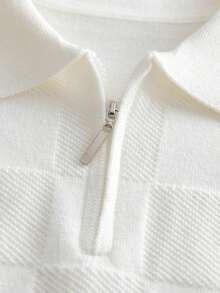 Áo len dệt kim tay dài cổ bẻ nửa khóa kéo màu trắng cho bé trai, họa tiết bàn cờ 3D, phong cách preppy tối giản, áo chui đầu thường ngày đa năng, phù hợp mặc đi học hàng ngày vào mùa xuân, thu và đông - trắng - Xem 5