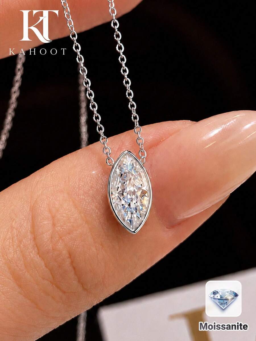 KAHOOT Collar de Plata de Ley 925 con Moissanita Marquise de 2ct, Moda Minimalista Versátil, Regalo Unisex para Vacaciones, Adecuado para Ocasiones de Fiesta - Plateado - Ver 1