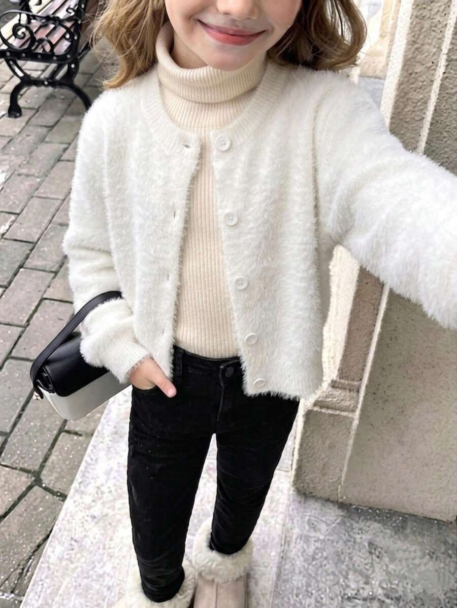 Girls Elegant Solid Color Cardigan Sweater Short Jacket Suitable For Casual Vacation Spring Autumn Winter - White - View 1