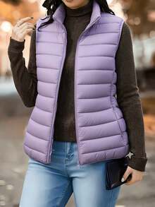 Women's Lightweight Stand Collar Short Zip-Up Vest, Slim Fit Sleeveless Warm Outerwear For Commuting, Autumn/Winter Layering Essential! - Purple - View 4