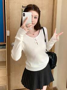 Atasan Dalaman Sweater Rajut Berongga dengan Pita Putih Gaya Korea Musim Gugur/Dingin - Putih - View 7