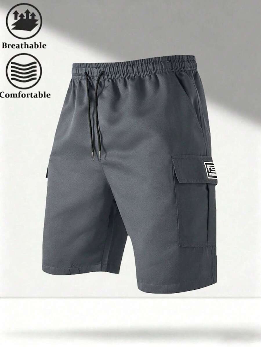 [High Street]Minimalist Multi-Pocket Solid Color Functional Cargo Shorts, With Adjustable Elastic Drawstring Sports Summer - Grey - View 1