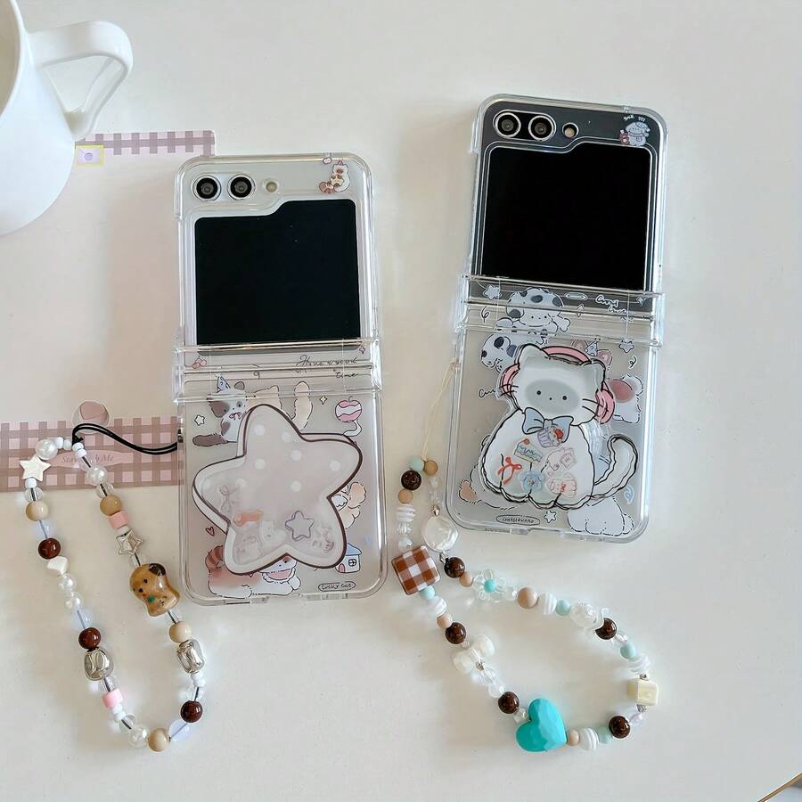Cartoon Cute Cat Rocking Bead Chain Phone Case Compatible With Galaxy Z Flip3/Flip4/Flip5/Flip6/8 Transparent Hinge Full Coverage Foldable Screen Anti-Drop Protective Shell - Multi-color Cat Stand - View 1