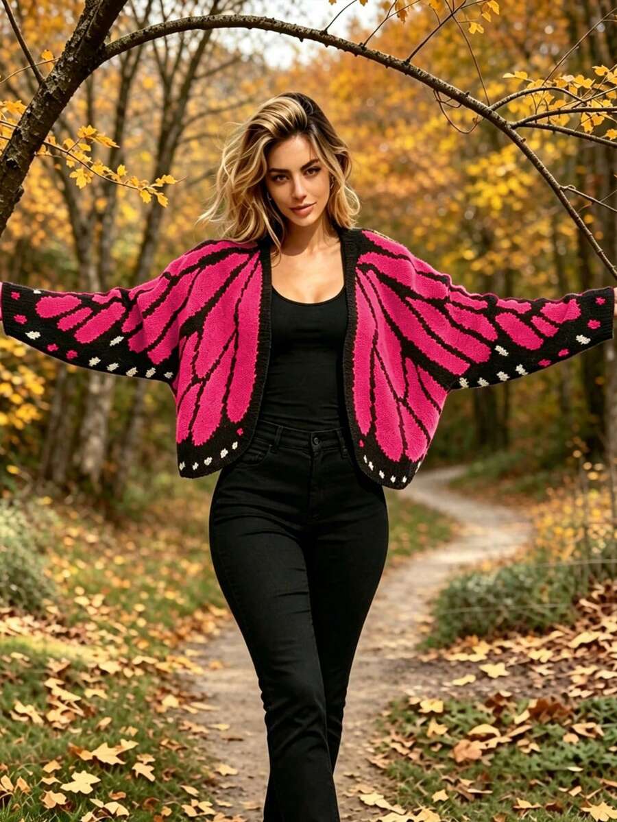 Women's Open Front Colorblock Butterfly Wing Pattern Design Casual Fashion Loose Long Sleeve Knit Cardigan Fall
