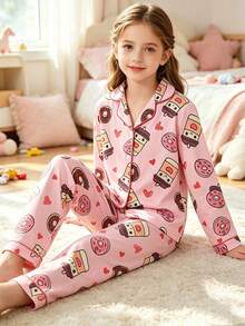 Tween Girls Pajama Set,Button‑Down Long Sleeve Tops & Long Pants,Cute Donut & Milk Tea Cup Print Sleepwear, Soft Loungewear Autumn Winter Home Outfit - Pink - View 1