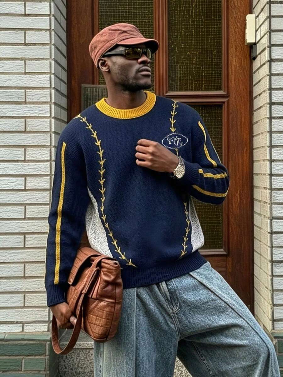 Autumn/Winter Fashion Men's Niche Colorblock Striped Jacquard Knit Sweater, American Vintage Preppy Style Long Sleeve Pullover - Blue - View 1