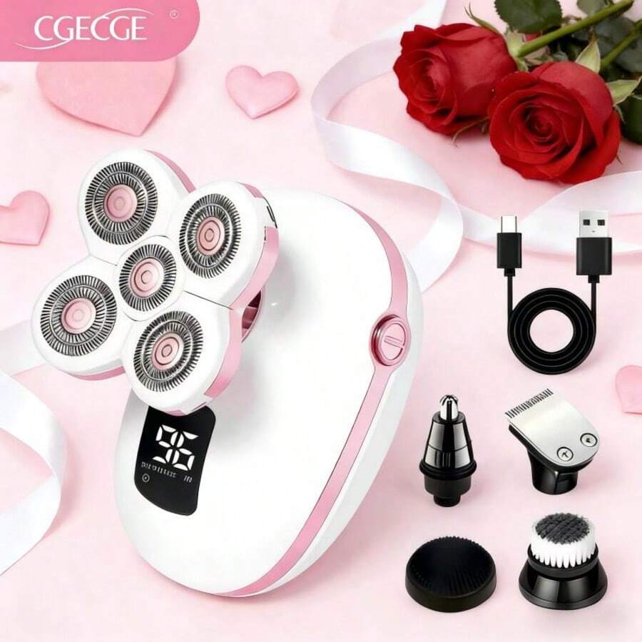 CGECGE Electric Shaver, Electric Bald Head Shaver, Rotary Shaver, IPX6 Waterproof, Wet And Dry Use, Easy To Clean, Contour To The Face, Floating Head, Screen Display, Type-C Charging, Underarm, Leg, Arm, Body Hair Removal Tool, Holiday Gift. - 粉紅白色套裝 - 查看 1