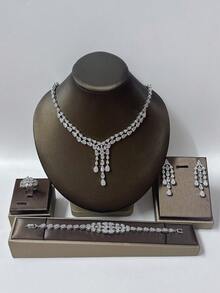 Middle East Dubai Luxury Pearlescent Heavy Work White Zirconia 4-Piece Jewelry Set, Pakistan Saudi Arabia Bridal Party Jewelry Set, Wedding Accessories Gift - White - View 6