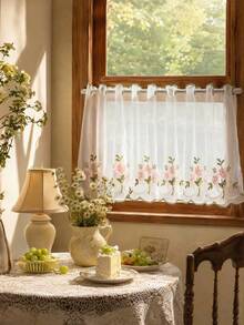 1pc Fresh Floral Embroidered Coffee Curtain, Kitchen Small Window Curtain, Suitable For Kitchen Cabinet, Bay Window, Door Curtain Partition, Home Decor - Pink - View 11