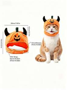 1pc Pet Halloween Pumpkin Hat With Devil Horns, Adjustable Chin Strap Cute Pumpkin Headwear Costume Accessory, Soft Plush Party Hat For Small Medium Cats Dogs, Halloween Cosplay Holiday Photo Props - Multicolor - View 7