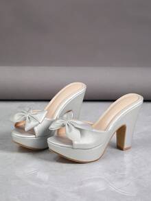 Women Bow Decor Metallic Platform Mules, Open Toe Slip-On Chunky Block High Heel Slide Sandals, Elegant Club Wedding Evening Heels - Silver - View 6