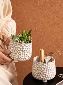 1pc Vintage Pebble Texture Three-Legged Ceramic Storage Basin, Multi-Functional Kitchen Utensil Holder, Spoon Fork Chopstick Storage Can, Desktop Pen Holder, Makeup Brush Storage Bucket, Succulent Plant Pot, Vintage Decorative Vase - Multicolor - View 5