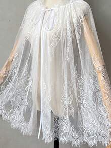 1pc White Lace Bridal Wedding Dress Hooded Cape Shawl Party Short Cloak - Multicolor - View 3