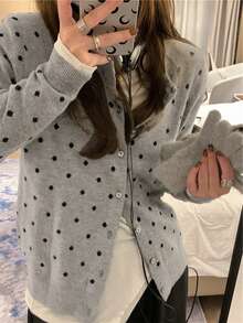 波點女款春季長袖休閒開襟針織外套背心 - 灰色 - 查看 2